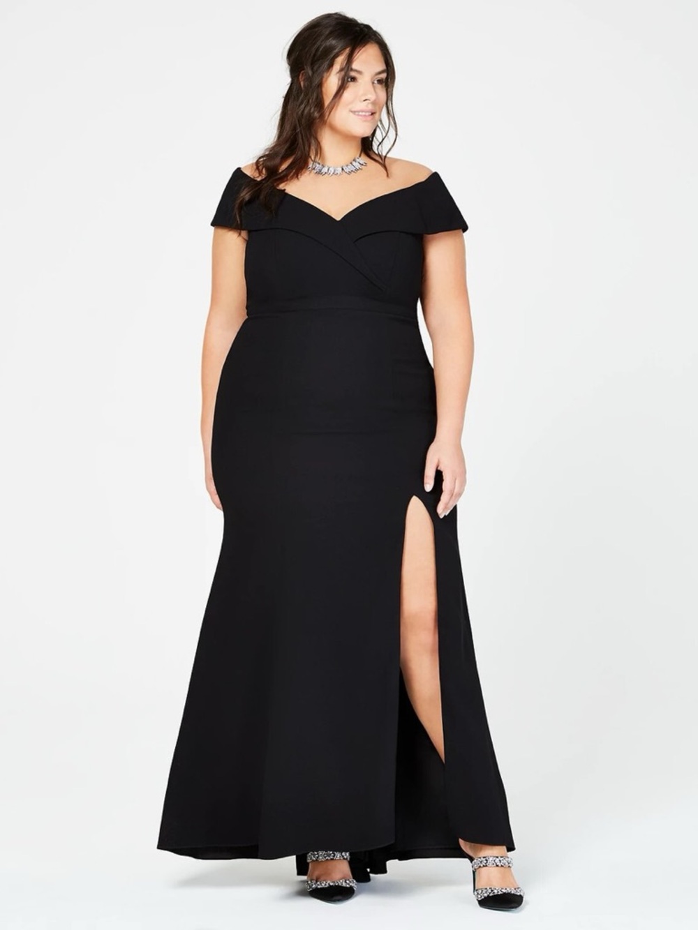 Xscape Off-Shoulder Black Evening Gown with Side Slit